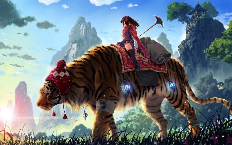 Girl Riding Tiger — Blue, Serene, Morning, Digital Art, Spear