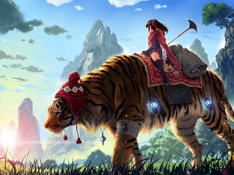 Girl Riding Tiger — Blue, Serene, Morning, Digital Art