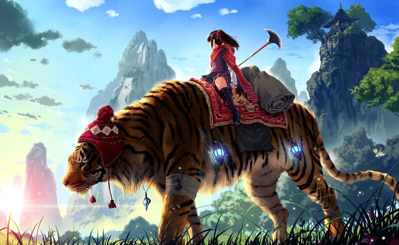 Girl Riding Tiger — Blue, Serene