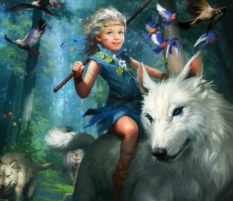 Girl Riding White Wolf — Blue
