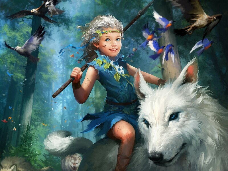 Girl Riding White Wolf — Blue, Whimsical