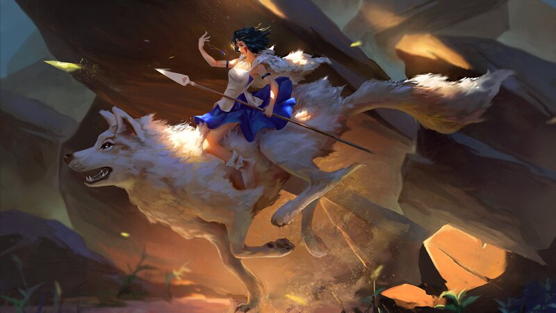 Girl Riding White Wolf — Dramatic