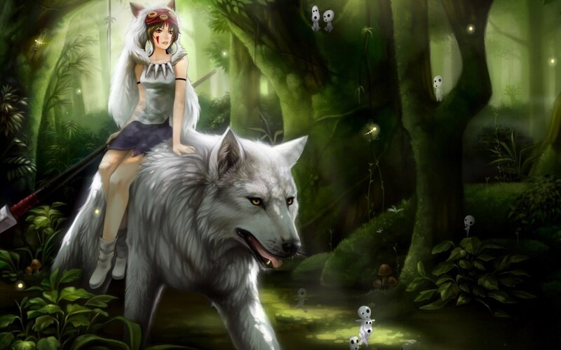 Girl Riding White Wolf — Green, Mystical