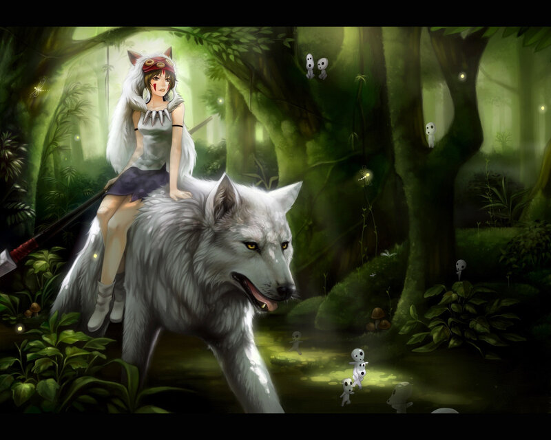 Girl Riding White Wolf — Green, Serene, Night