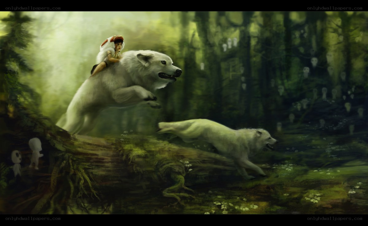 girl riding wolf in forest