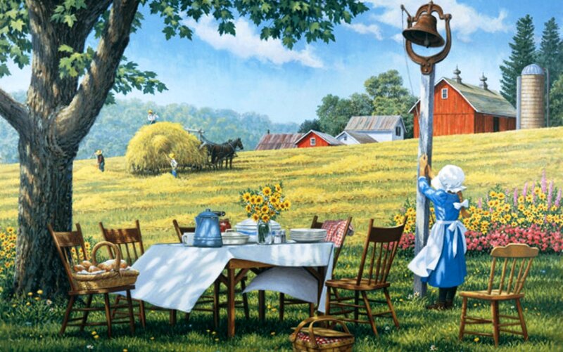Girl Ringing Bell on Farm