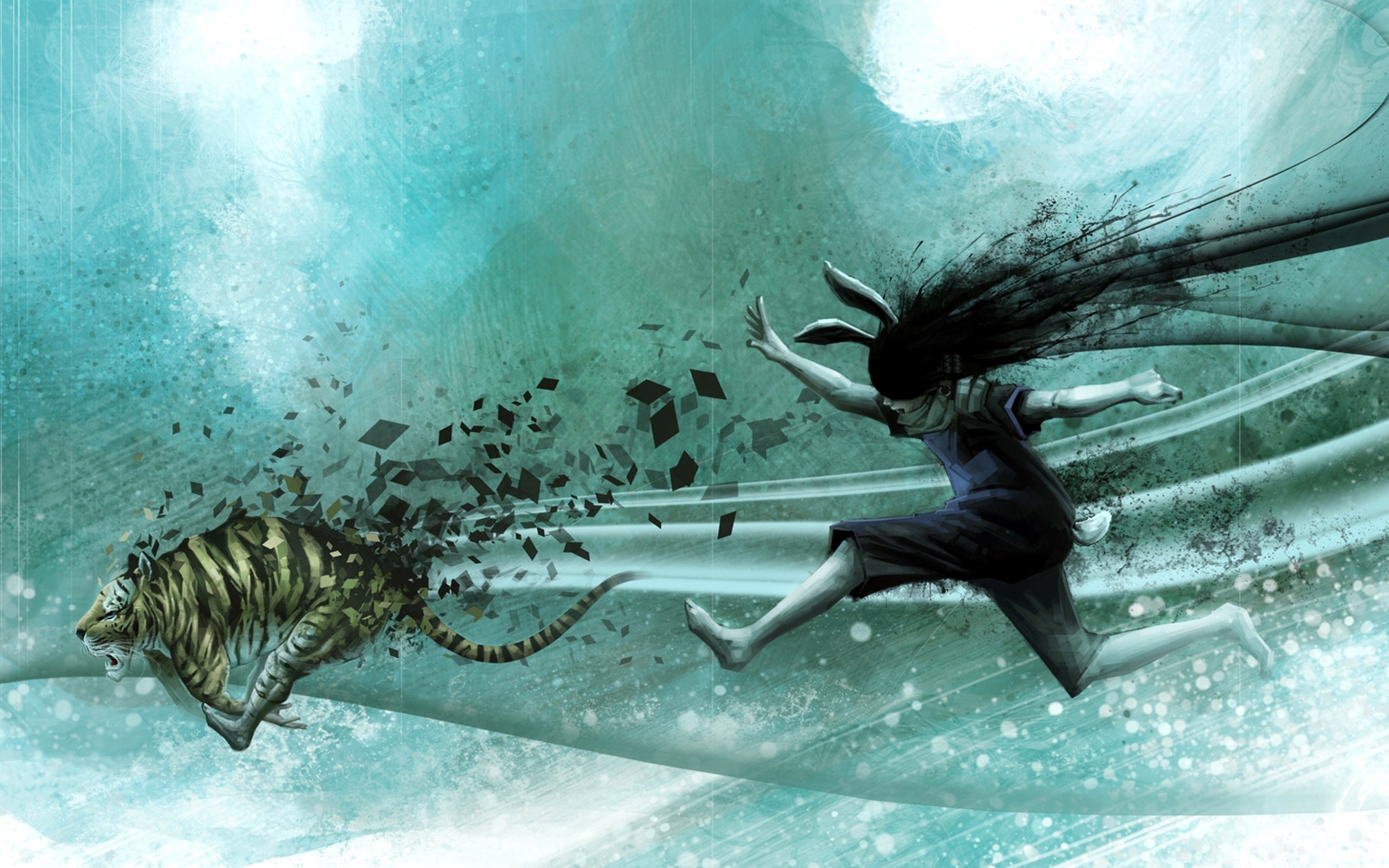 Girl running from a tiger