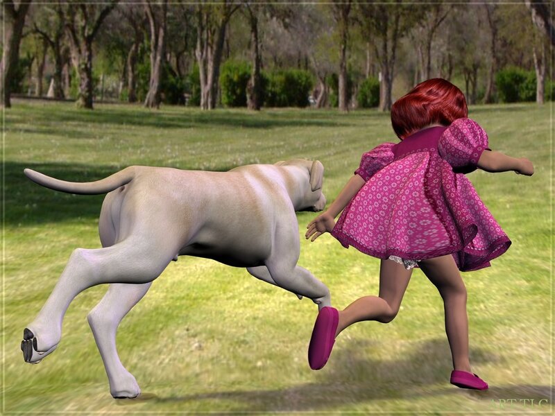 girl running from dog