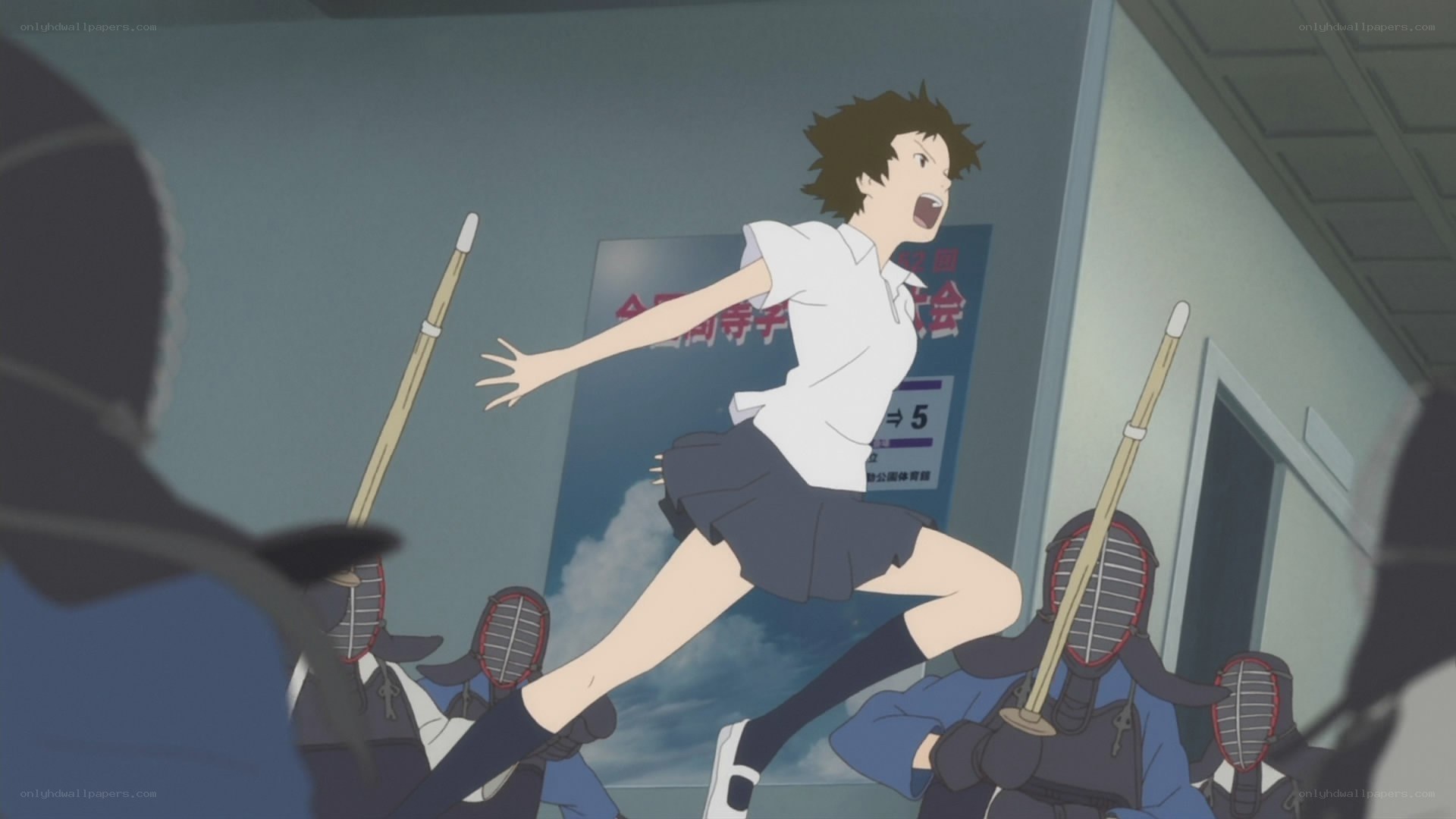 Girl running from fencers