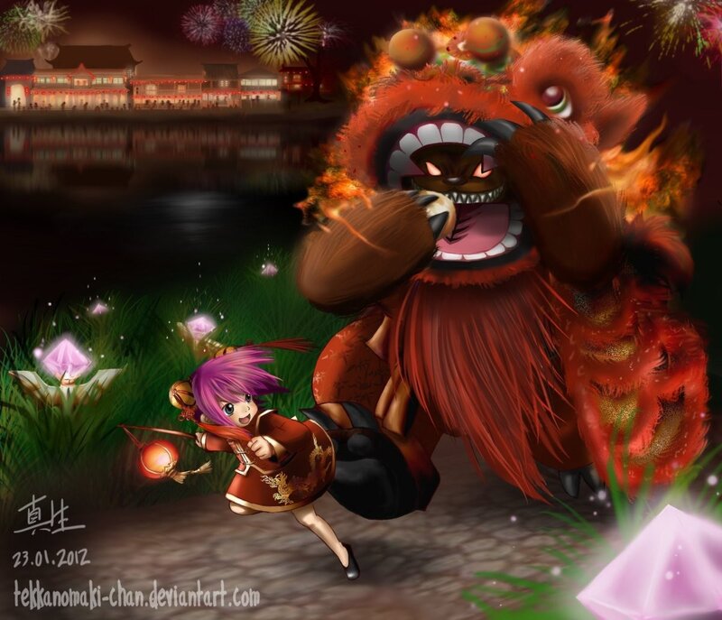 Girl running from lion dance