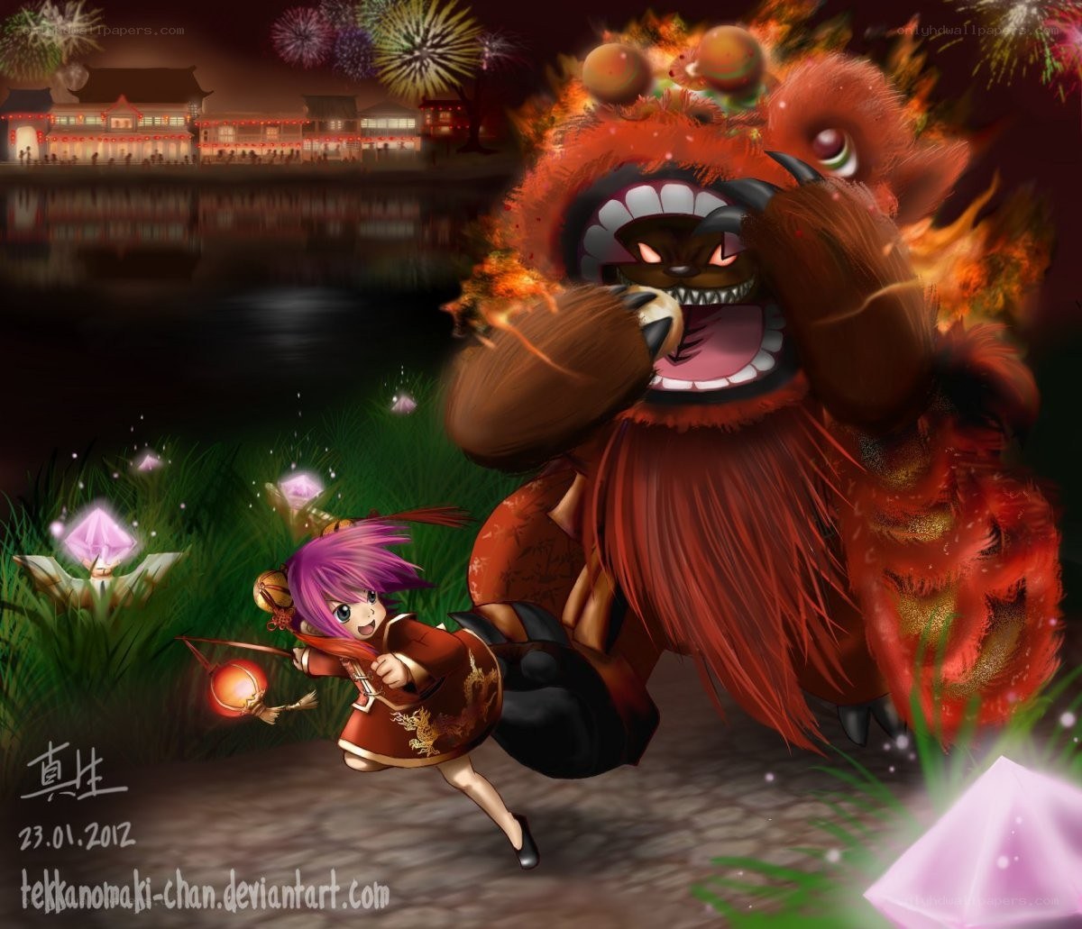 Girl running from lion dance
