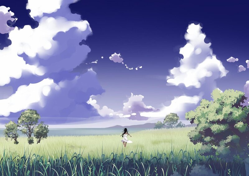 Girl Running in Field — Blue, Serene