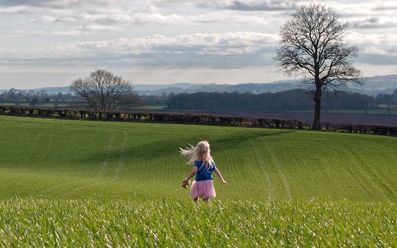 Girl Running in Field — Green, Serene, Afternoon, Photograph, Tree