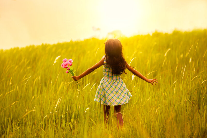 Girl Running in Field — Green, Serene, Sunset