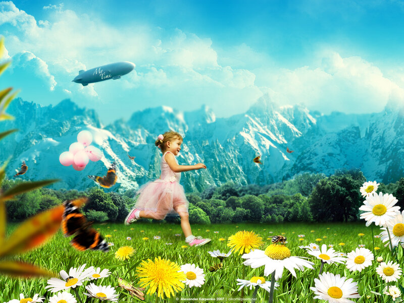 Girl Running in Field — Green, Whimsical