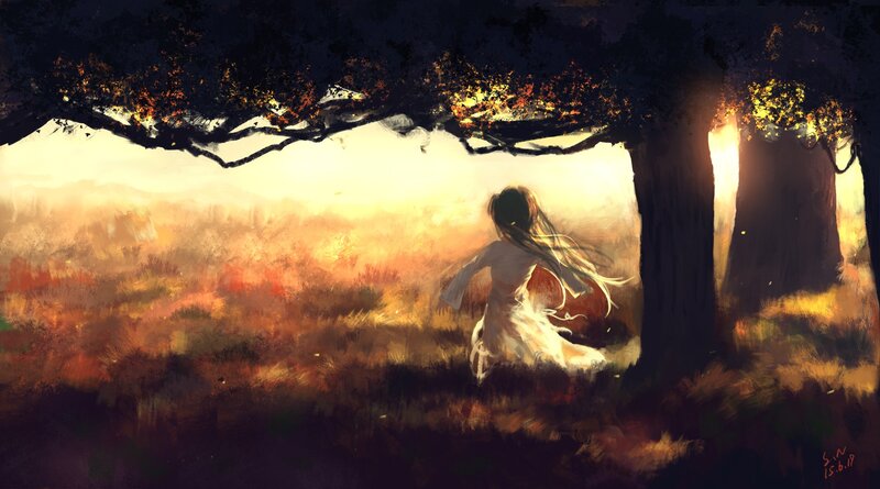Girl Running in Field — Yellow, Serene, Sunset, Digital Art