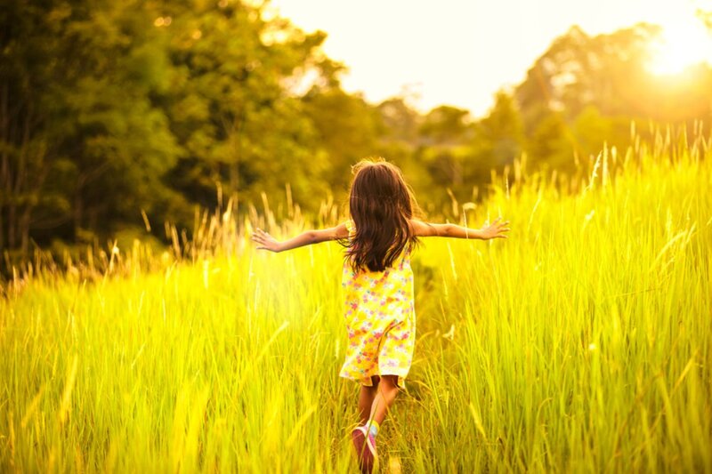 Girl Running in Field — Yellow, Serene, Sunset