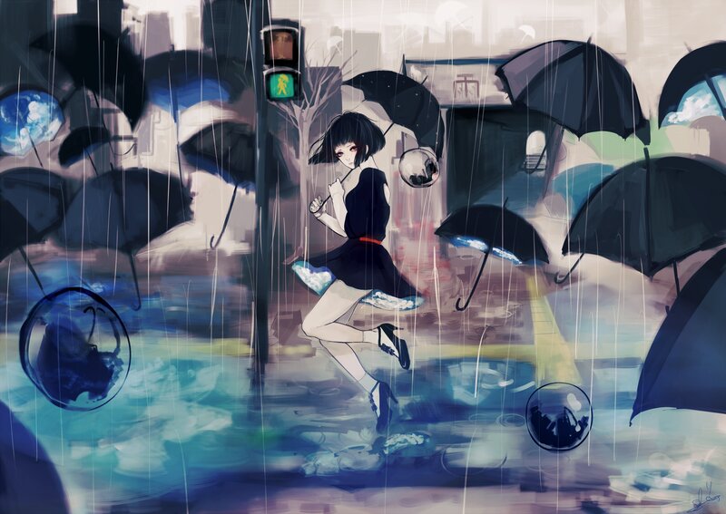 Girl Running in Rain — Blue