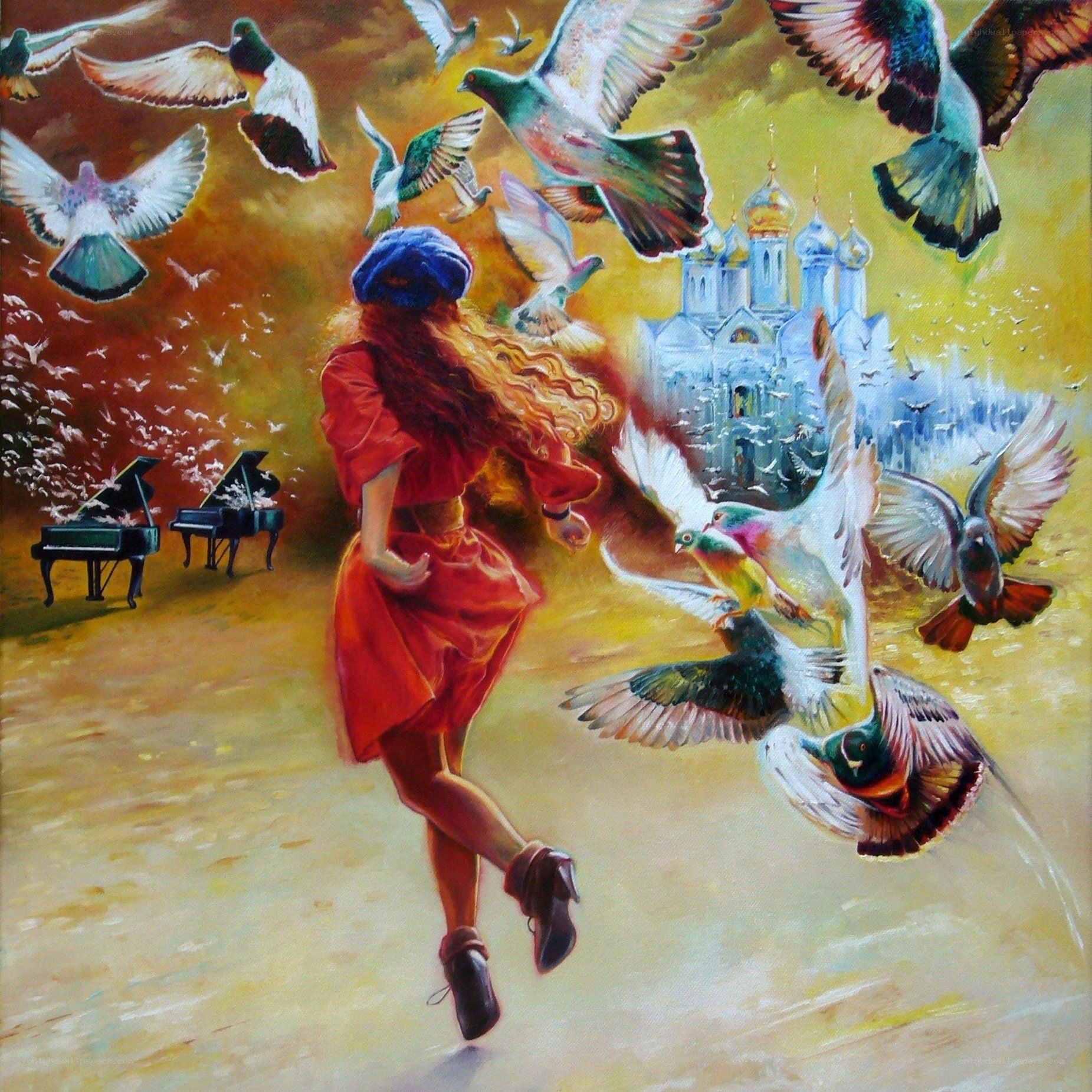 Girl running with birds