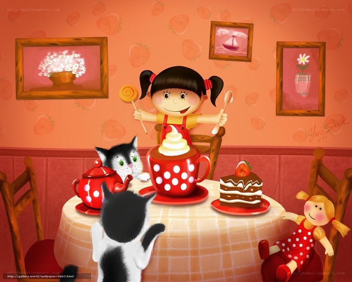 Girl's tea party with cats
