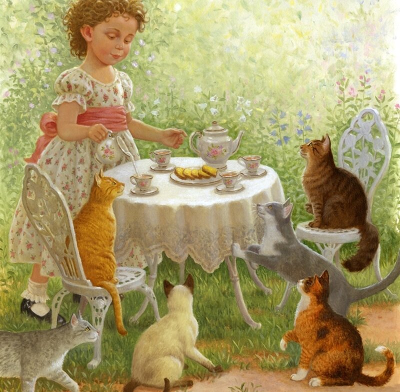 Girl Serving Tea to Cats