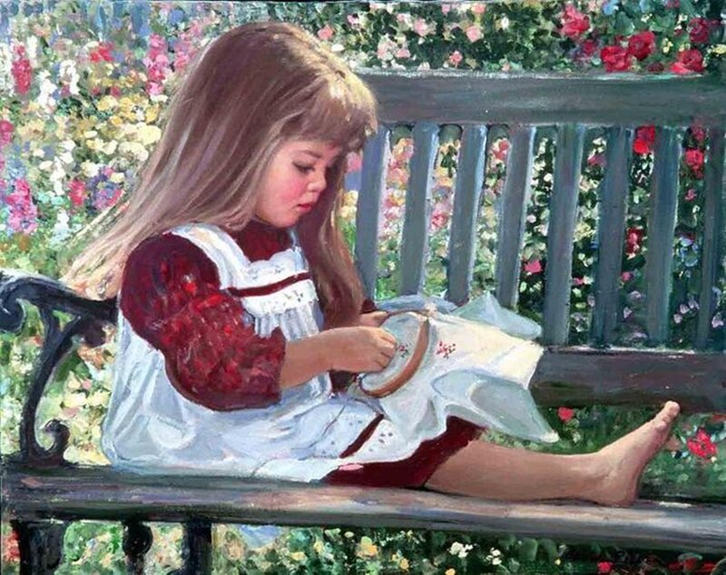 Girl Sewing on Bench