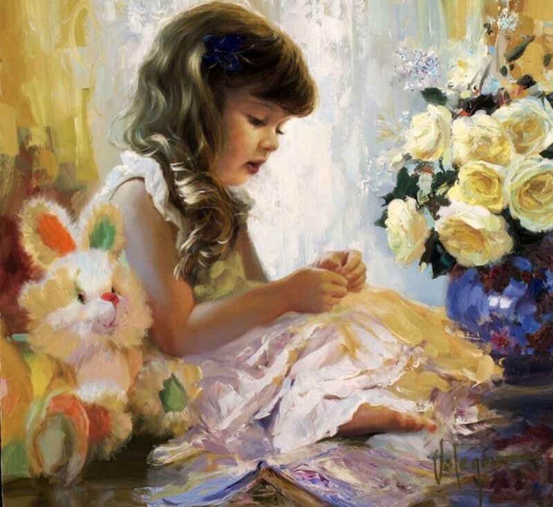 Girl Sewing with Stuffed Animal