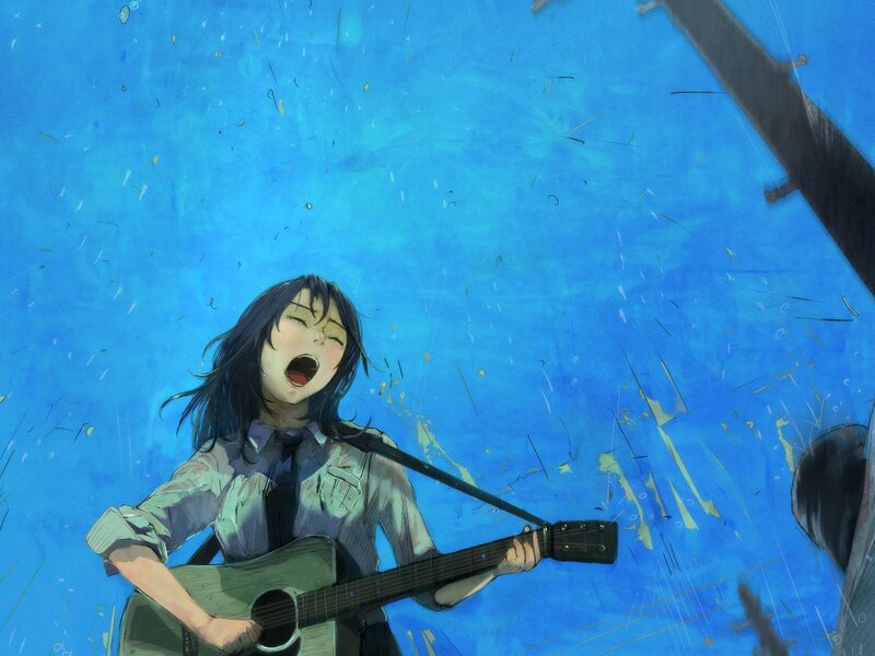 Girl singing with guitar in rain