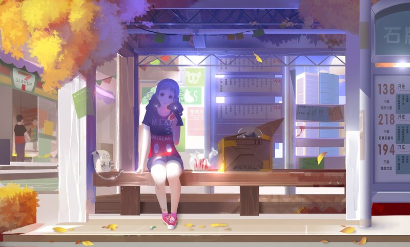 Girl Sitting at Bus Stop — Purple