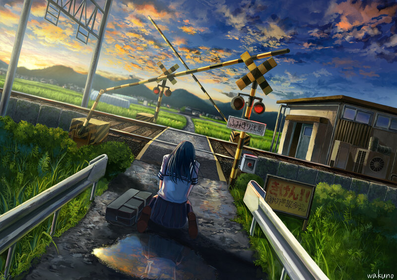 Girl Sitting at Train Crossing