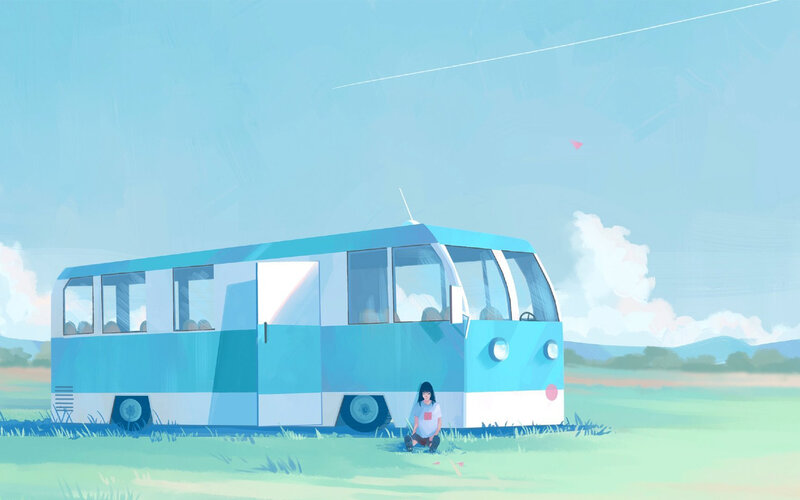 Girl Sitting by Bus