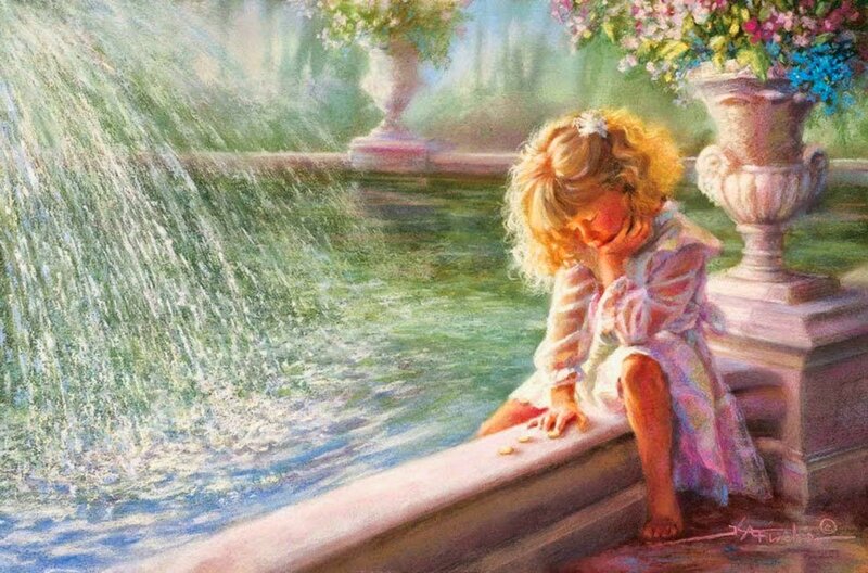 Girl Sitting by Fountain