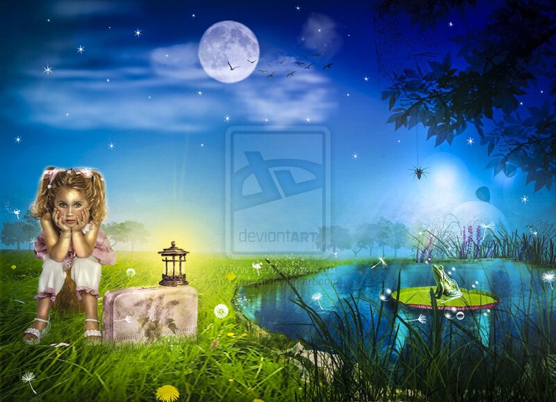 Girl Sitting by Pond — Blue