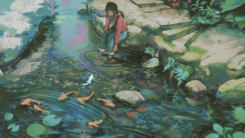 Girl Sitting by Pond — Green