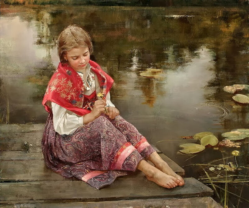 Girl Sitting by Pond — Red