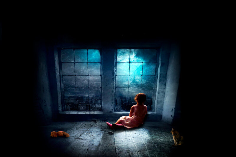 Girl Sitting by Window — Blue, Dramatic, Night