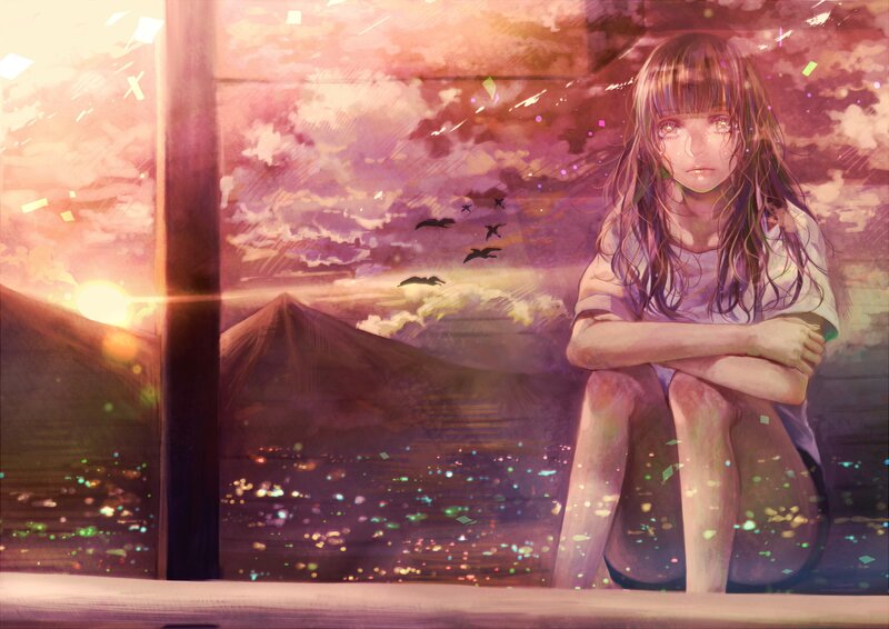 Girl Sitting by Window — Purple