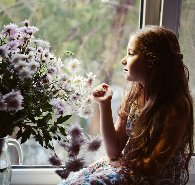 Girl Sitting by Window — White, Calm
