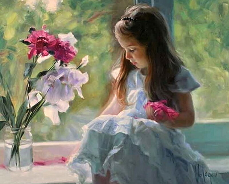 Girl Sitting by Window — White, Serene
