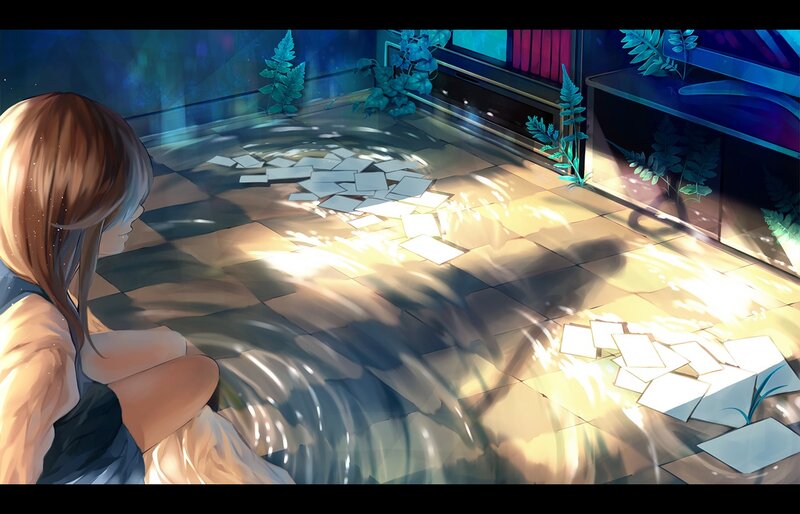 girl sitting in a room with scattered papers