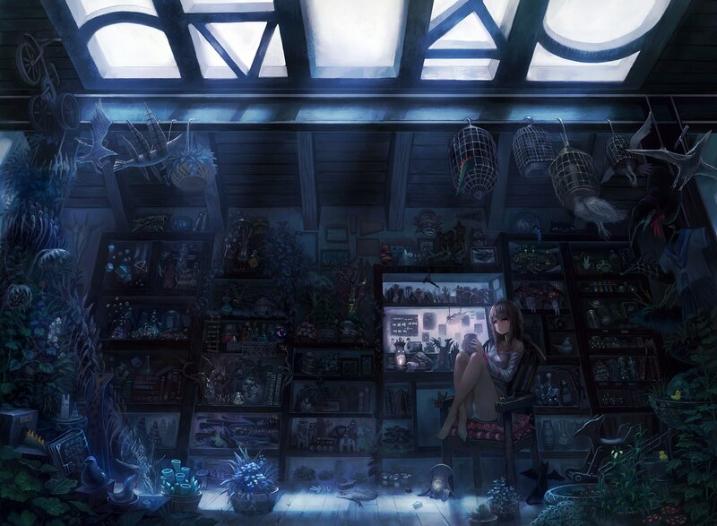 Girl Sitting in Cluttered Room — Blue