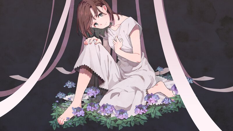 Girl Sitting in Flowers — Purple
