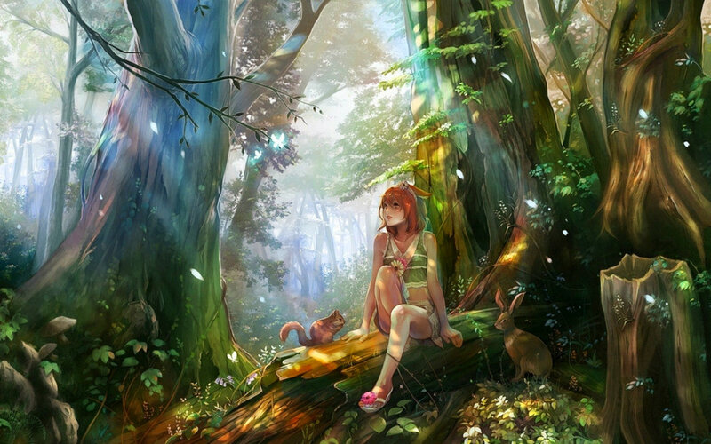 Girl Sitting in Forest — Green, Serene