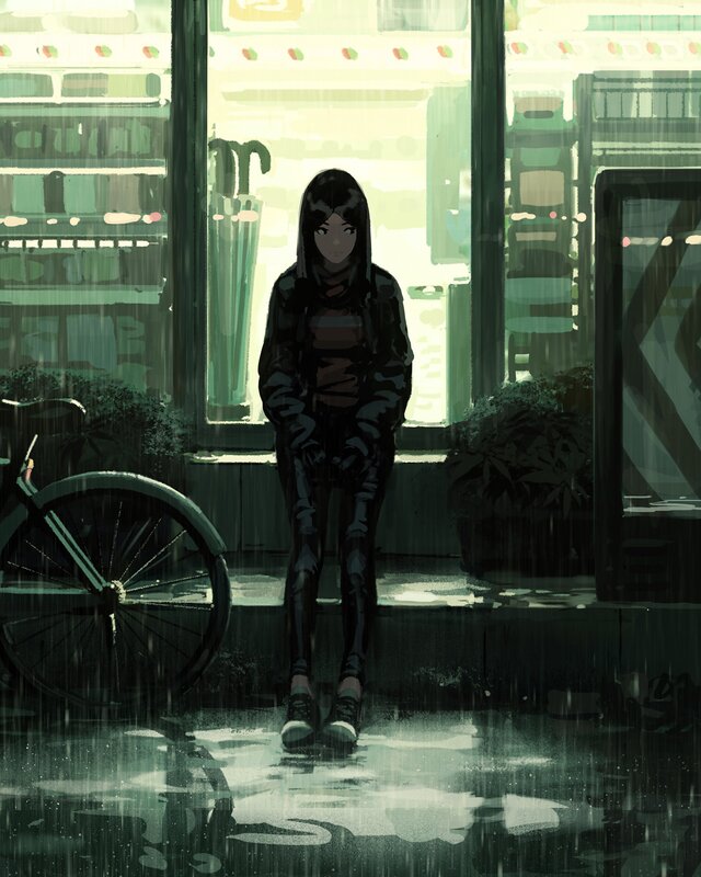 Girl Sitting in Rain — Green