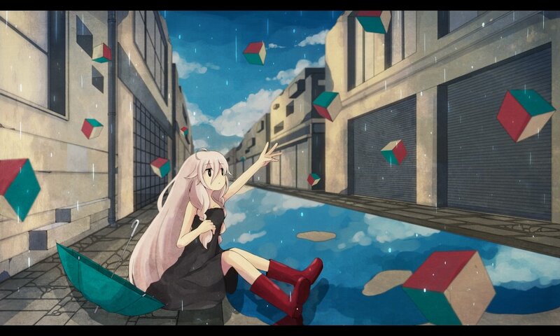 girl sitting in rain with floating cubes