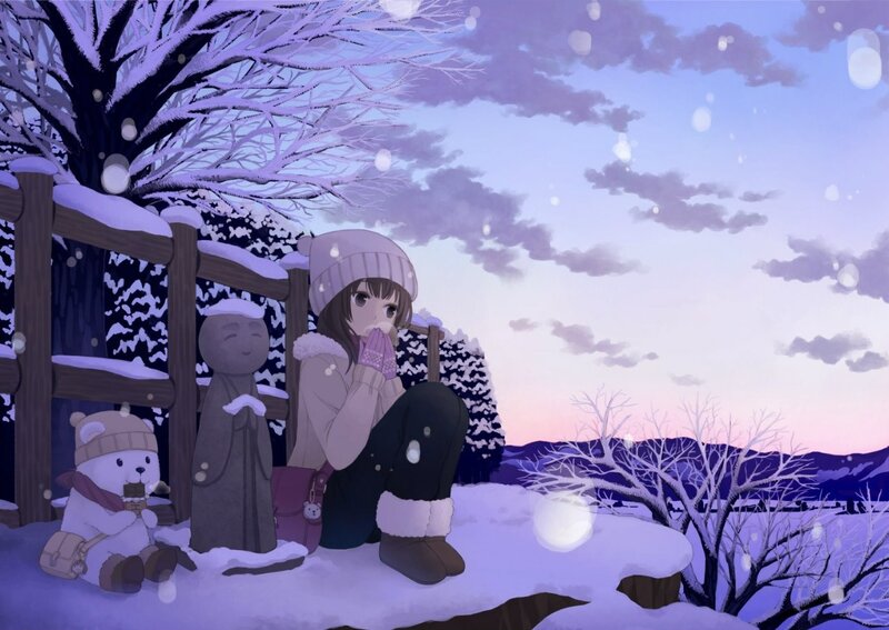 Girl Sitting in Snow — Purple, Serene