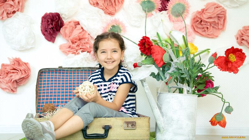 Girl Sitting in Suitcase — White, Cheerful
