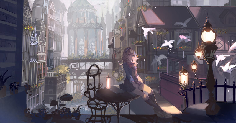 Girl Sitting on a Bench — Purple