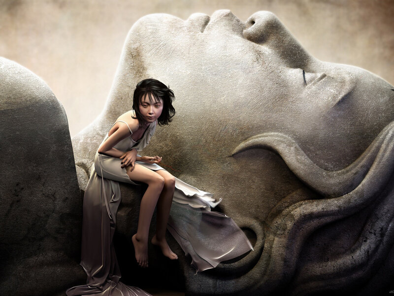 Girl sitting on a giant face