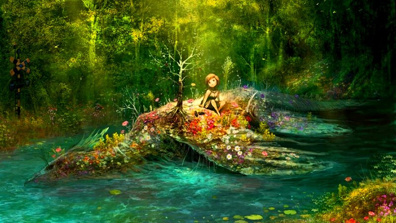 Girl Sitting on a Log — Green